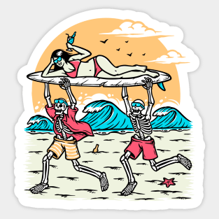 Fun Day at the Beach // Skeletons Carry Bikini Clad Woman on Surfboard Sticker